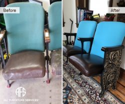 Antique Cinema Movie recliner seat restoration metal frame gold paint details re-upholstery fabric change back furniture