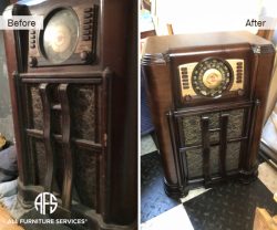 1936 antique radio restoration refinishing glass wood components clean polish color match stain lacquer