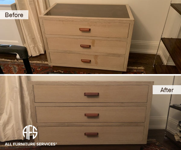 Gallery All Furniture Services Furniture Bedroom Nightstand Drawer Chest Front Wax Stain Liquid Damage Repair Clean Finish Restoring Refinishing Paper