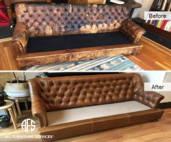 Tufted Sofa Re-upholstery leather replacement restoration of antique furniture