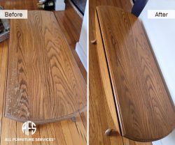 Dining table extension drop-down top coffee table desk wood scratch peel heat water mark repair finish paint sand strip restore NY NJ CT FL on-site in shop