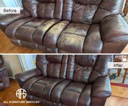 Leather furniture and goods restoration color match dye vinyl peeling discoloration crack tear damage repair paint change upholster sewing slip cover on site