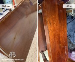 Repaint coffee table refinish poly lacquer stain gloss satin finish refinishing on site shop wooden dresser credenza damaged furniture restoration NYC NY NJ CT PA FL CA