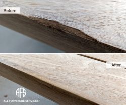 indoor outdoor wood metal gouge chip chipped edge corner repair animal damage furniture wood restoration grain finish color match blend