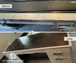 Desk top metal trim frame molding scratches worn edges silver gold paint repair restoration finish