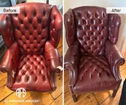 Partial and complete upholstery arm chair seat back arm replacing dyeing to match fix tear dog animal damage cut tufting buttons