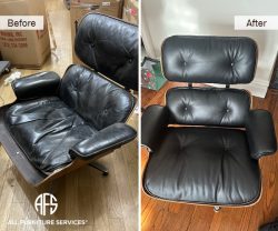 Restoration re-upholstery change leather fix Eames Knoll chair arm seat back worn material